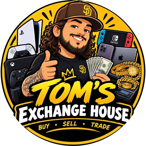Tom's Exchange House logo: Tom giving a thumbs up with cash, surrounded by game consoles, phones, and gold. Buy, sell, trade.